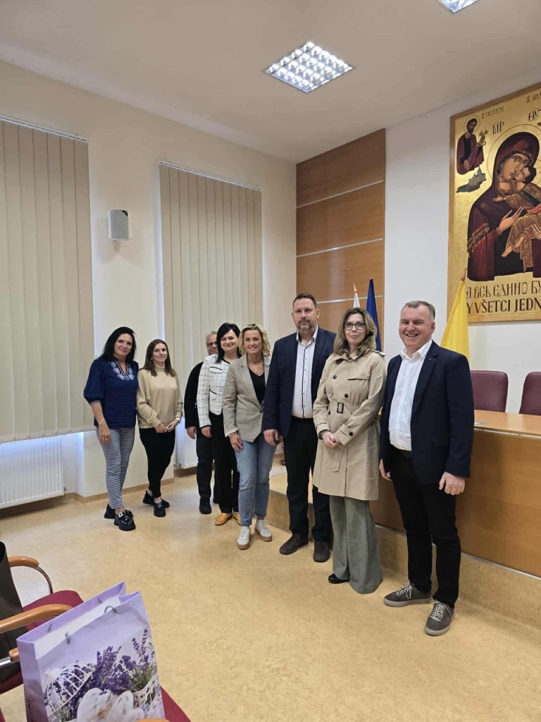 Grupa osób podczas wizyty studyjnej na Uniwersytecie Preszowskim w Preszowie.