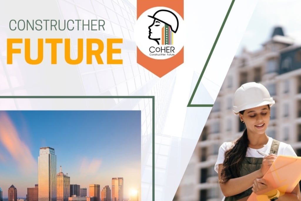 Kobieta w kasku budowlanym notuje, logo Constructher Future, budynki.