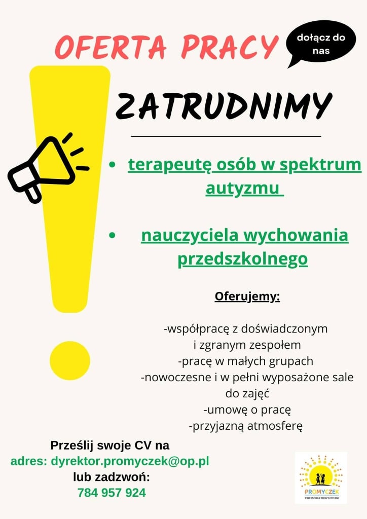 Oferta pracy: terapeuta osób z autyzmem, nauczyciel wychowania przedszkolnego