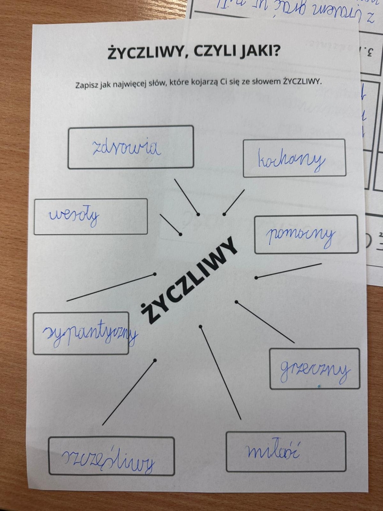 Karta pracy z ćwiczeniem "Życzliwy, czyli jaki?" ze słowami: zdrowia, kochany, pomocny.