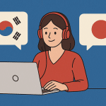Kobieta z słuchawkami uczy się języków Korei i Japonii online