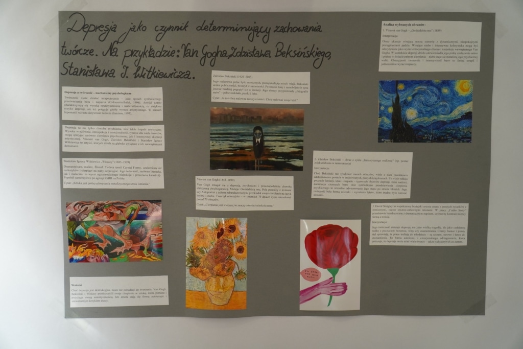 Plakat konferencji naukowej o depresji z cytatami o Van Goghu i jego dziełach.