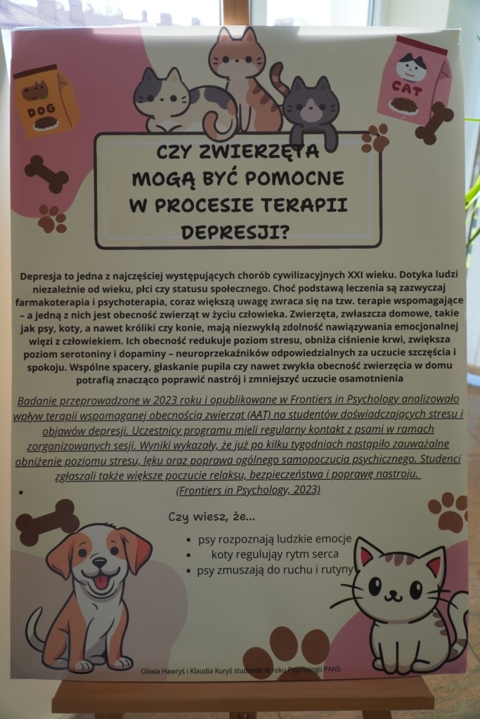 Grafika informacyjna o terapii zwierzętami: psy, koty, pies i kot, z hasłem "Czy zwierzęta mogą być pomocne w procesie terapii depresji?