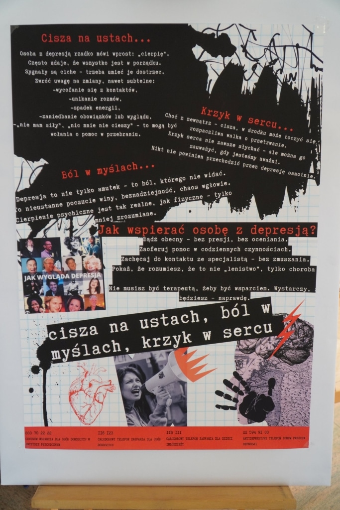 Plakat konferencji "Kiedy boli dusza" z cytatami o bólu psychicznym i depresji.