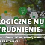 Napis "Ekologiczne nurty a zatrudnienie" na tle zieleni i symboli ekologicznych