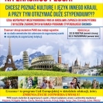 Plakat ERASMUS+ z budowlami świata i hasłem "DAJ SUSAI SKOCZ NA ERASMUS PLUS!