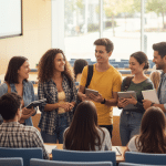 Studenci rozmawiają w sali wykładowej podczas spotkania adaptacyjnego