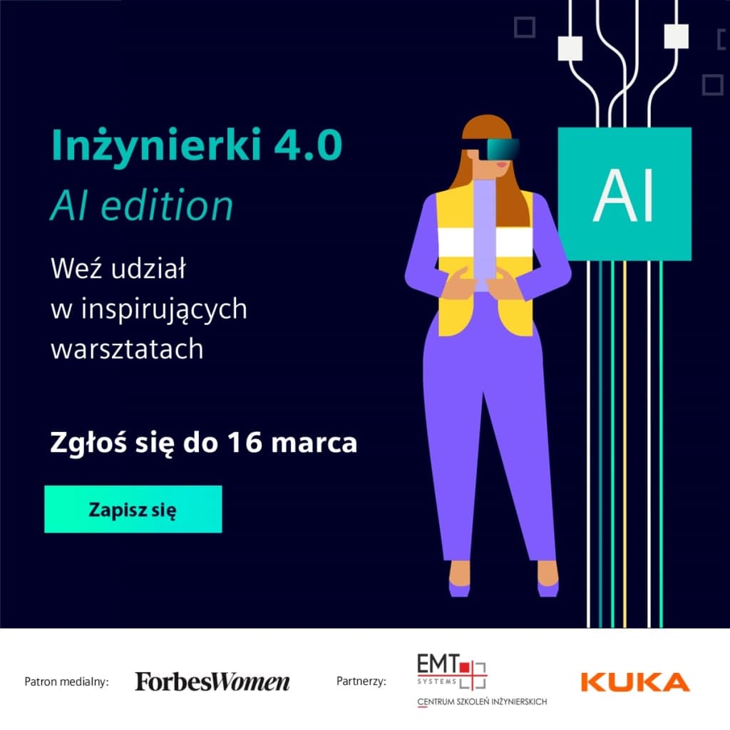 Inżynierki 4.0 AI edition: kobieta w goglach VR i logo AI