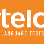 Logo TELC Language Tests w kolorze białym na pomarańczowym tle