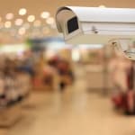 Kamera monitoringu w sklepie, pracownik ochrony.