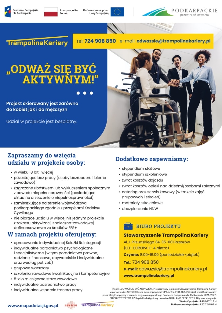 Grupa osób w biurze, slogan "Odważ się być aktywnym!