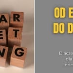 Drewniane klocki z literami tworzące napis MARKETING, obok tekst "Od emocji do danych