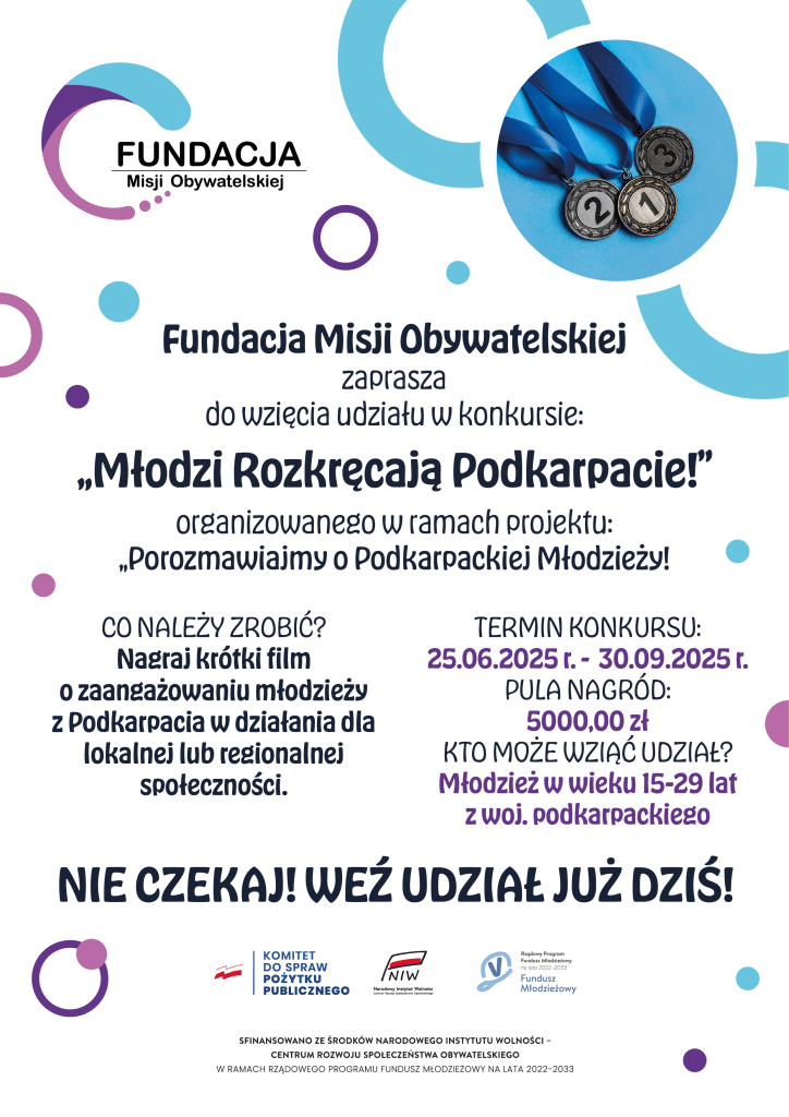 Plakat konkursu "Młodzi Rozkręcają Podkarpacie!" Fundacji Misji Obywatelskich