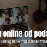 Laptop z wideokonferencją, tekst "Praca online od podstaw" i akcesoria biurowe.