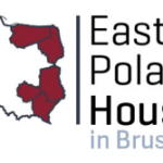 Logo Domu Wschód Polski w Brukseli: mapa Polski z zaznaczonymi regionami i napisem East Poland House in Brussels.