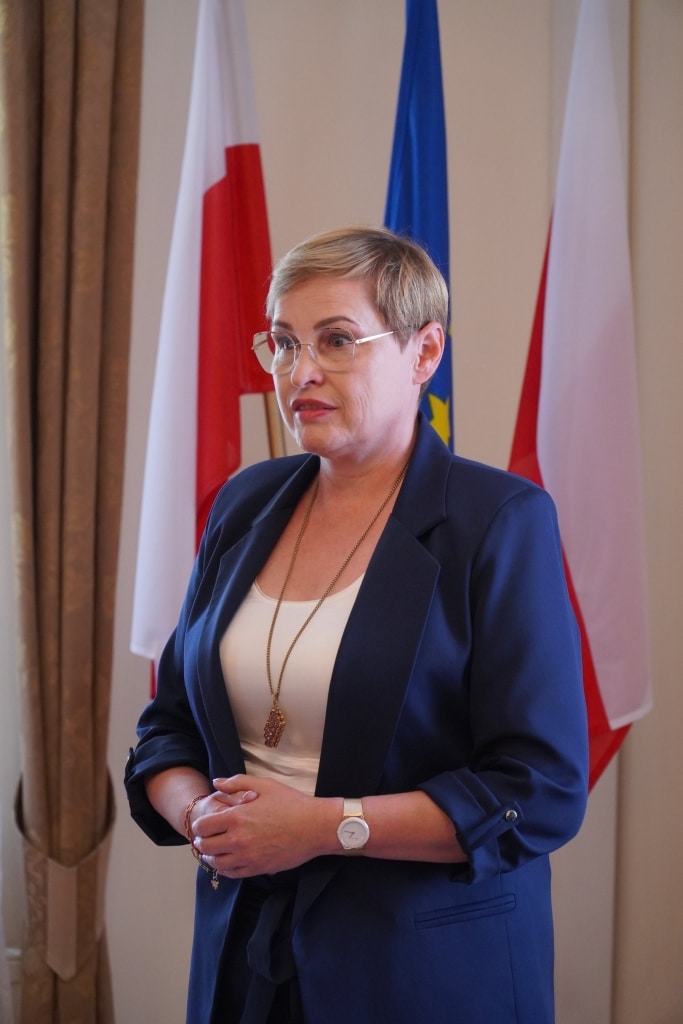 Spotkanie władz uczelni z przedstawicielami placówek oświaty: Kobieta w garniturze przed flagami