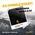Plakat z napisem "Za chwilę START! Rekrutacja rusza 2.03" i zdjęciem pary.