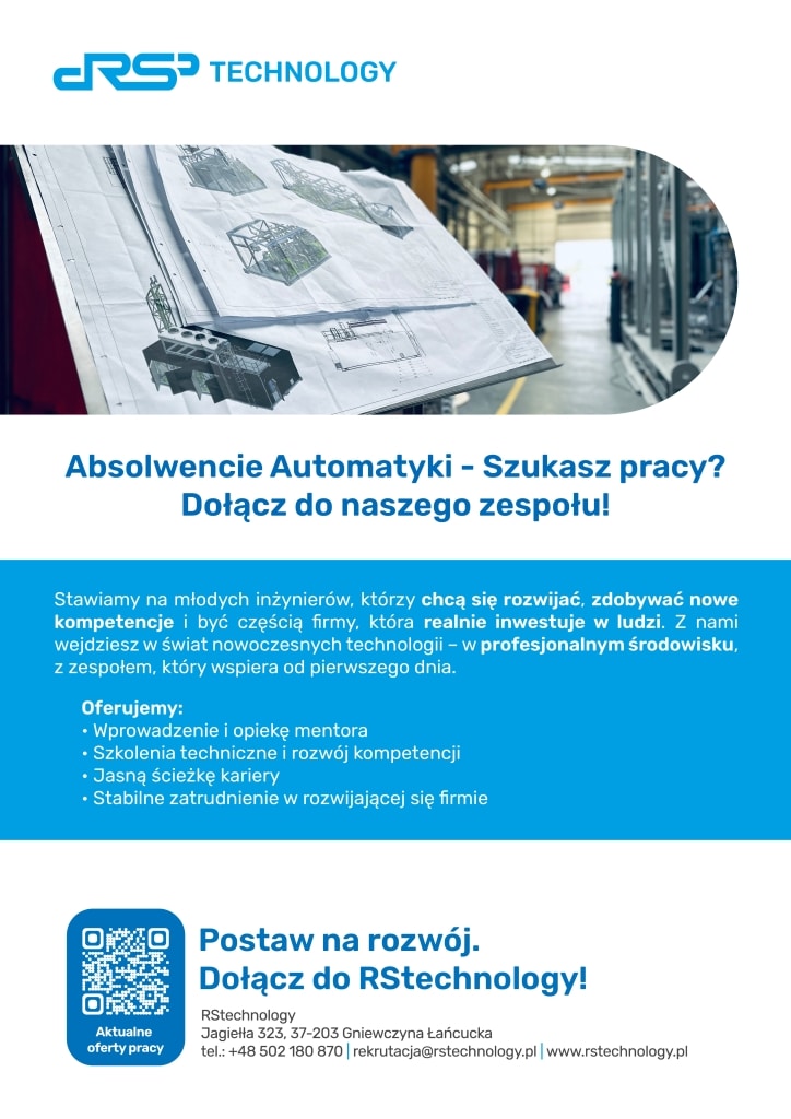 Logo RSP Technology i zdjęcie planów technicznych, oferta pracy dla automatyka.