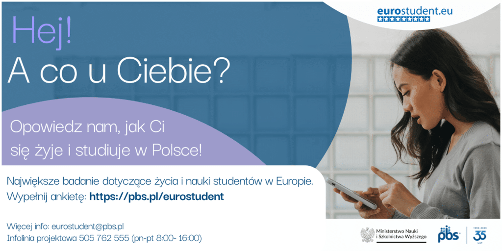 Plakat badania EUROSTUDENT z pytaniem "A co u Ciebie?" i młodą kobietą korzystającą z telefonu.