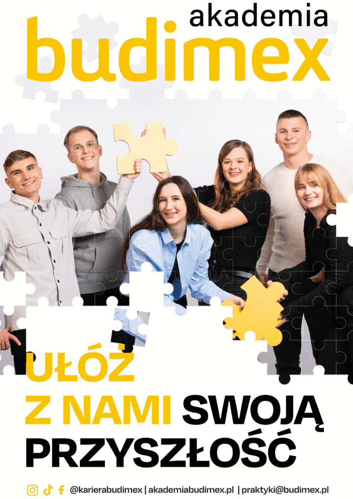 Uśmiechnięci młodzi ludzie z Budimex składający puzzle. Płatne praktyki.