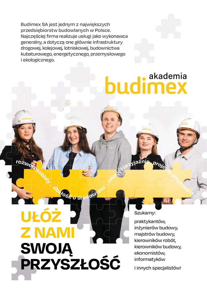 Budimex: studenci i praktyki. Ludzie trzymający puzzle z napisem „rozwój osobisty, dbałość o środowisko, relacje i przyjaźń, projekty przyszłości”
