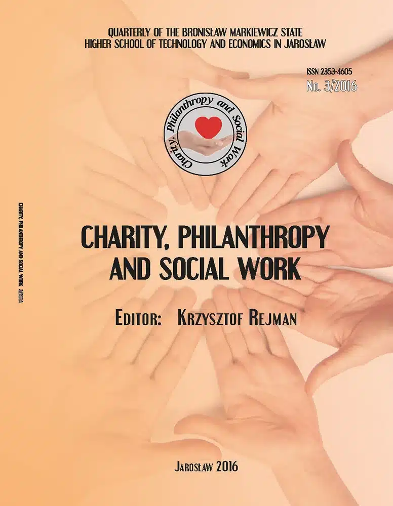 Okładka czasopisma „Charity, Philanthropy and Social Work” z logo i spisem treści