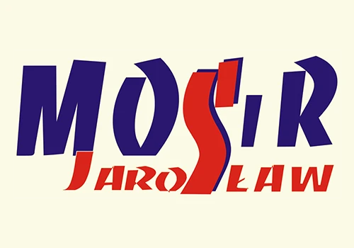 Logo MOSiR Jarosław z niebieskimi i czerwonymi literami